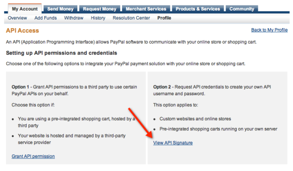 PayPal API Access Page Screenshot