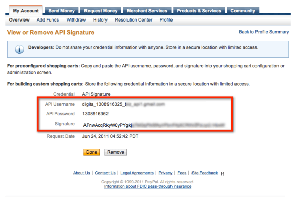 PayPal API Credentials Page Screenshot.