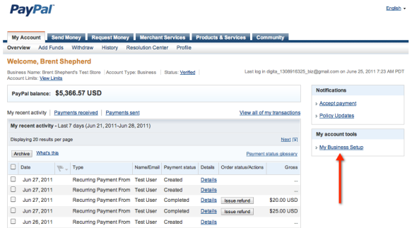 PayPal Business Account Overview Screenshot