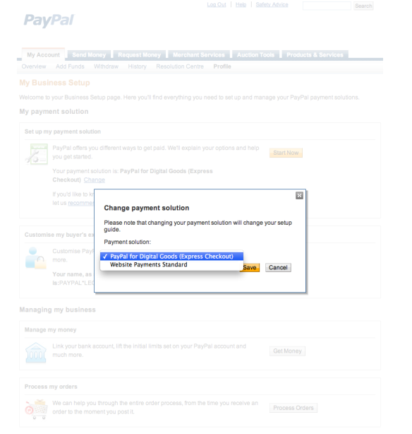 PayPal Select Payment Solution Screenshot